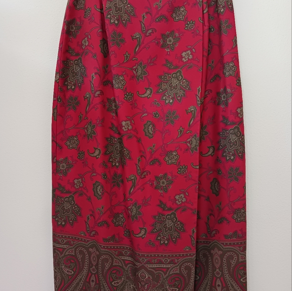 Jones New York Country Vintage 100% Silk Long Wrap Skirt Sz 10 Deep Red Paisley